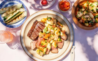 Émincé de bœuf bio et salade bio de concombres minute au kimchi