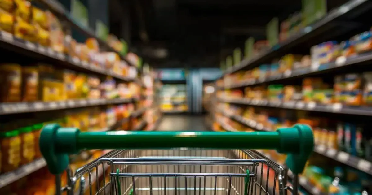 Photo illustrant des allées d'une épicerie avec en avant-plan le manche d'un panier.